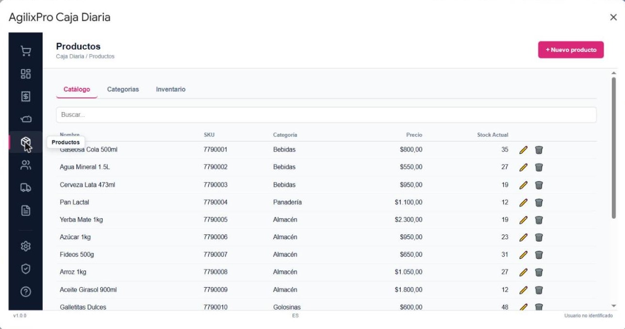 Catálogo de productos con precios y stock