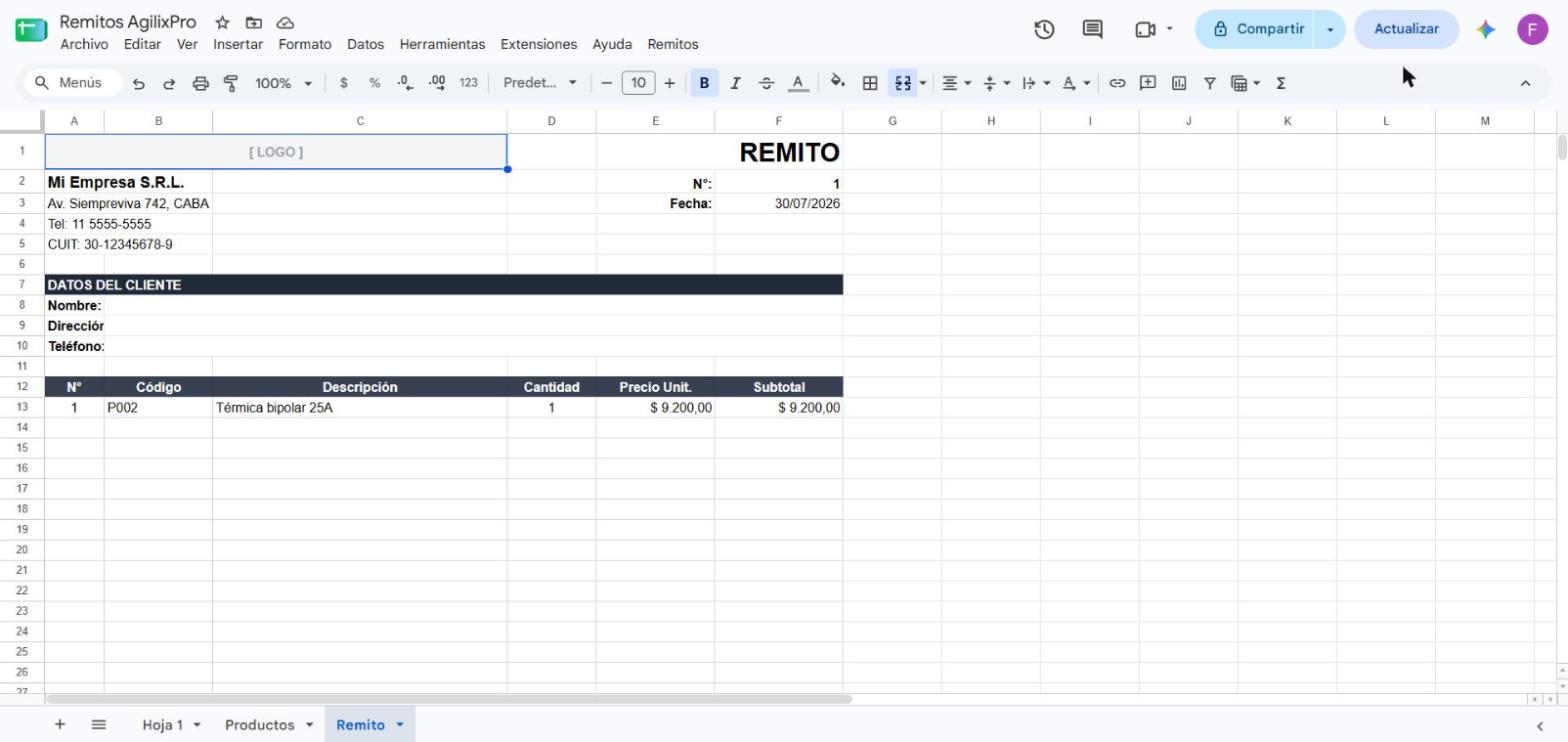 Remito con datos de empresa, cliente y detalle de productos