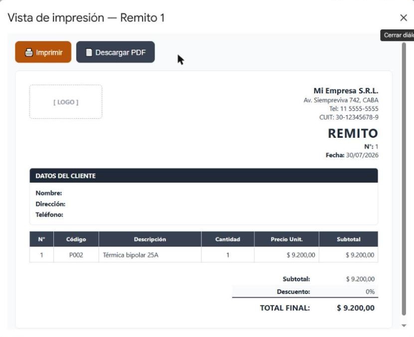 Vista de impresión del remito con botón de exportar a PDF