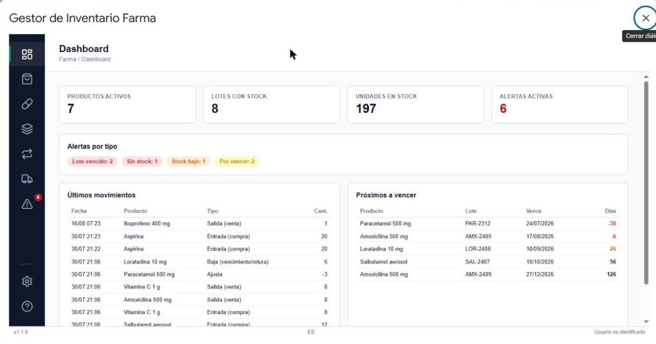 Dashboard con alertas de vencimientos y stock